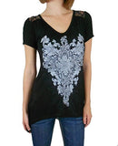 SugarRock Women Lace Shirt Asymmetrical Hem Crystal Cross S/s