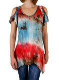 Sugar Rock Women Bohemian Tunic Shirt Tie Dye Asymmetric Hem S/s in Red