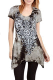 Sugar Rock Women Tunic Shirt Shark Bite Crystal Cross Tribal tie Dye S/s