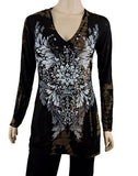 Sugar Rock Women Tunic Hoodie Shirt Tie Dye L/s Western Tribal Rhinestone Detail