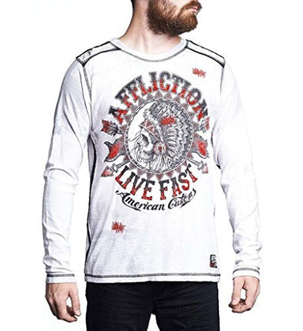 Affliction Men Tee Live Fast Skull Feather Long Slvs in White Grey Red.