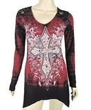 Sugar Rock Women Shark Bite Lace Shirt Tie Dye L/s Tribal Cross Fleur Rhinestone