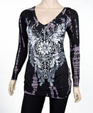 Sugar Rock Women Tunic Hoodie Shirt Tie Dye L/s Western Tribal Rhinestone Detail