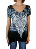 SugarRock Women Lace Shirt Asymmetrical Hem Crystal Cross S/s