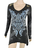 Sugar Rock Women Shark Bite Lace Shirt Tie Dye L/s Tribal Cross Fleur Rhinestone