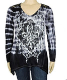 Sugar Rock Women Shark Bite Lace Shirt Tie Dye L/s Tribal Cross Fleur Rhinestone