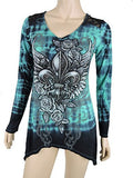 Sugar Rock Women Shark Bite Lace Shirt Tie Dye L/s Tribal Cross Fleur Rhinestone