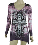 Sugar Rock Women Shark Bite Lace Shirt Tie Dye L/s Tribal Cross Fleur Rhinestone