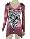 Sugar Rock Women Shark Bite Lace Shirt Tie Dye L/s Tribal Cross Fleur Rhinestone