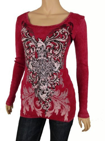 Sugar Rock Women Shirt Crystal Tribal CrossTattoo Scroll Rhinestone Long Sleeves