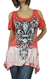 Sugar Rock Women Shark Bite Shirt Tribal Fleur Rhinestone Cut-off Shoulder