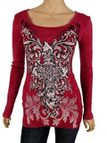 Sugar Rock Women Shirt Crystal Tribal CrossTattoo Scroll Rhinestone Long Sleeves