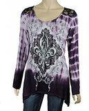 Sugar Rock Women Shark Bite Lace Shirt Tie Dye L/s Tribal Cross Fleur Rhinestone