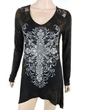 Sugar Rock Women Shark Bite Lace Shirt Tie Dye L/s Tribal Cross Fleur Rhinestone