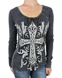 Sugar Rock Women Shirt Crystal Tribal CrossTattoo Scroll Rhinestone Long Sleeves