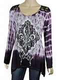 Sugar Rock Women Shark Bite Lace Shirt Tie Dye L/s Tribal Cross Fleur Rhinestone