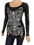 Sugar Rock Women Shirt Crystal Tribal CrossTattoo Scroll Rhinestone Long Sleeves