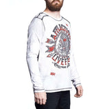 Affliction Men Tee Live Fast Skull Feather Long Slvs in White Grey Red.