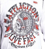 Affliction Men Tee Live Fast Skull Feather Long Slvs in White Grey Red.